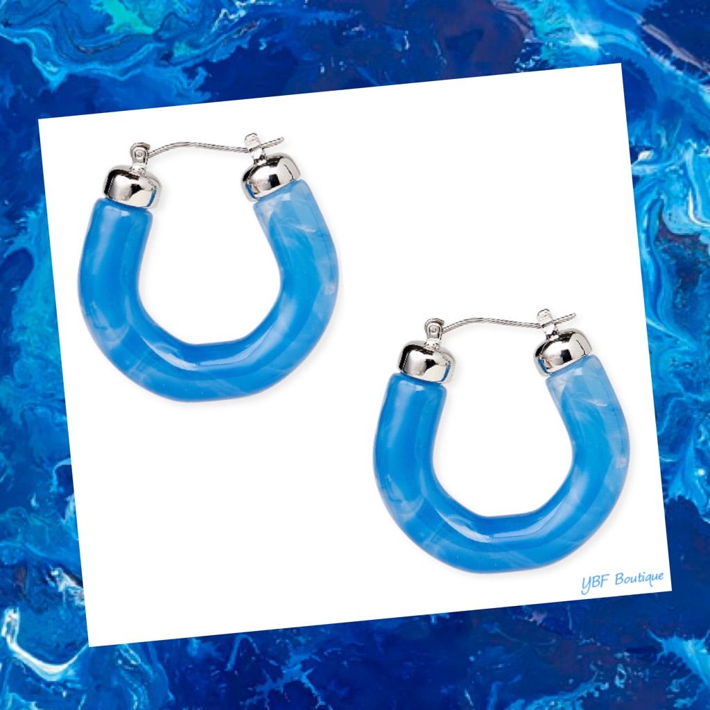 New Blue Marble & Silver Resin Hoop Fashion Earrings